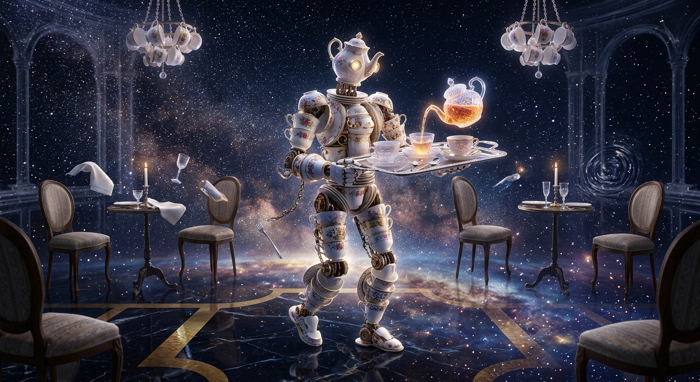 A robot butler made of tea cups serving invisible guests