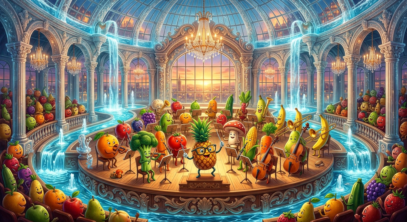 A symphony orchestra of sentient fruits and vegetables