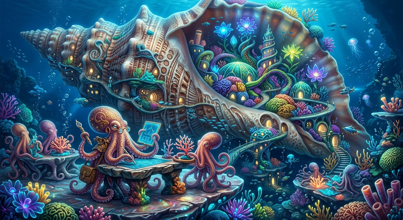 An underwater city built inside giant seashells with octopi architects