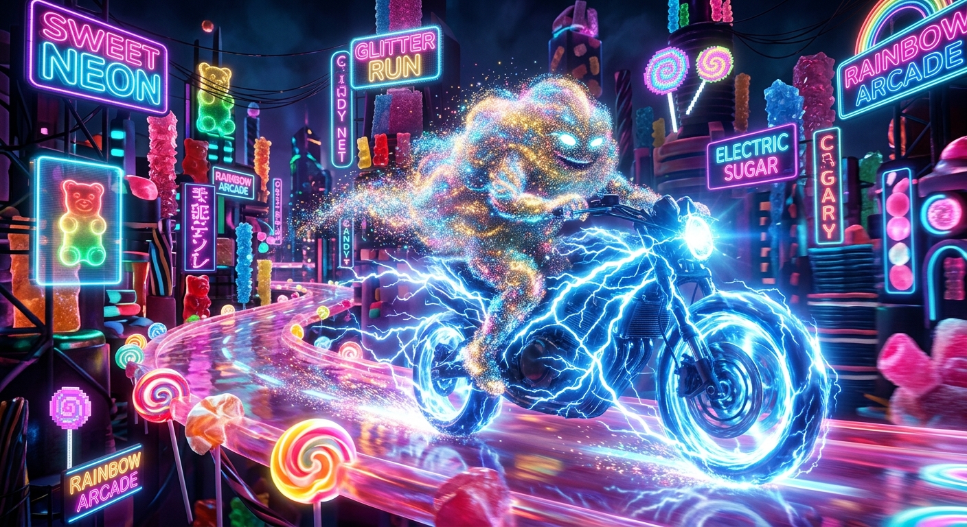 A sentient cloud of glitter on a lightning motorcycle