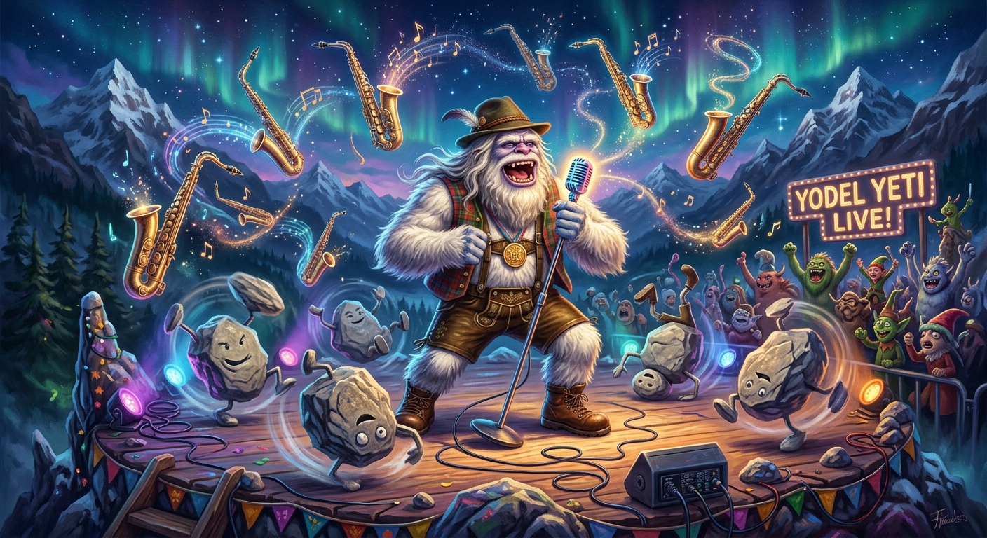 A yeti yodeling while surrounded by breakdancing stones