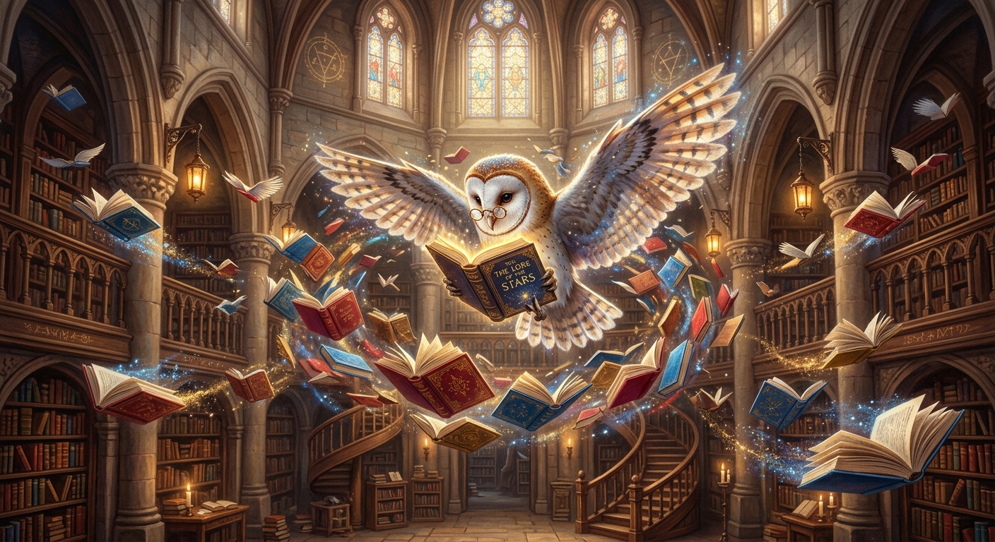 Books flying around like birds, an owl reading
