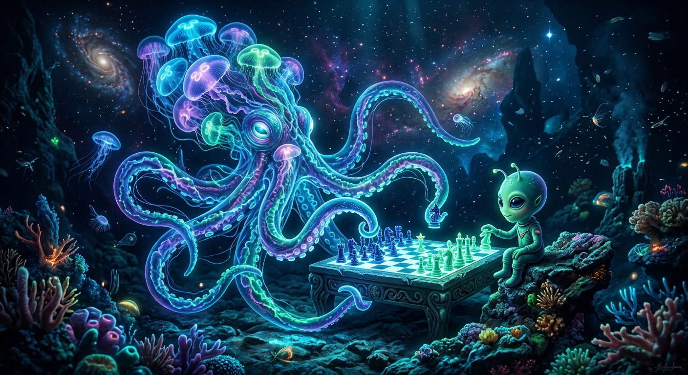 A kraken made of bioluminescent jellyfish tentacles playing chess with an alien