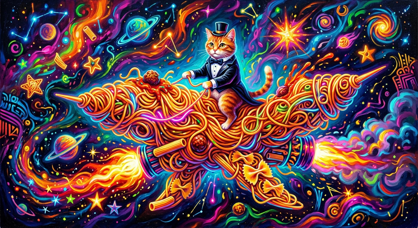 Surreal cat on spaghetti rocket