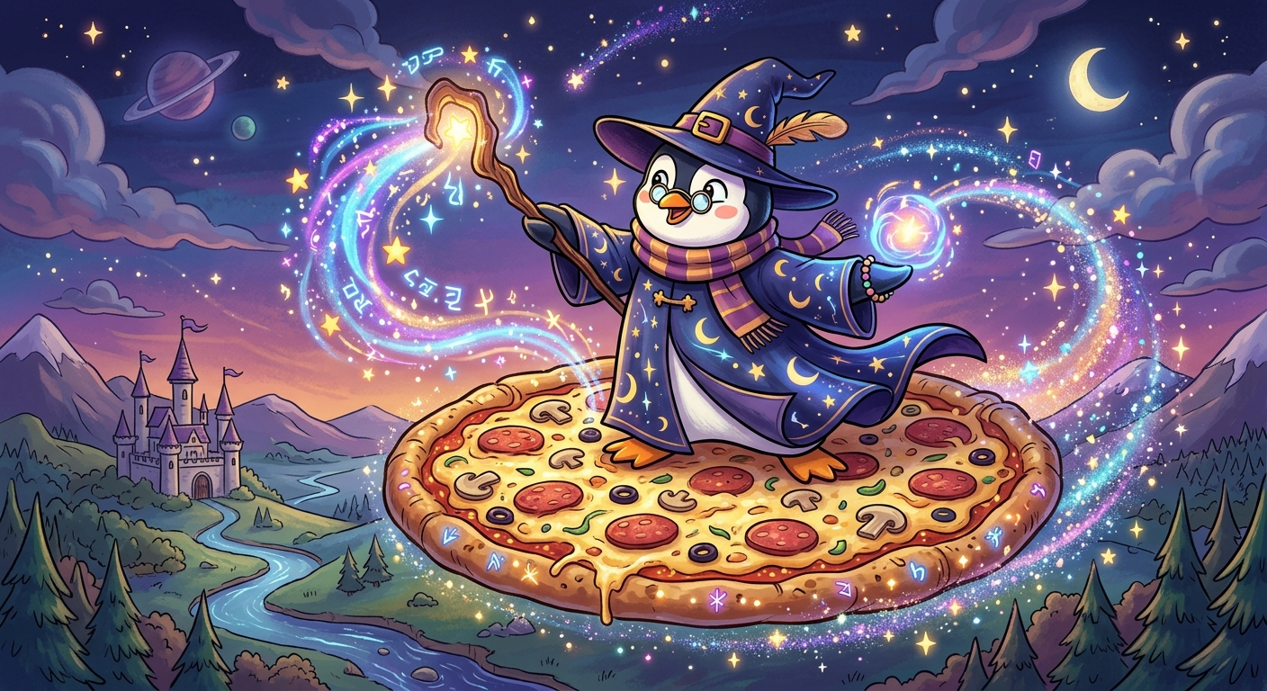 Wizard penguin on floating pizza