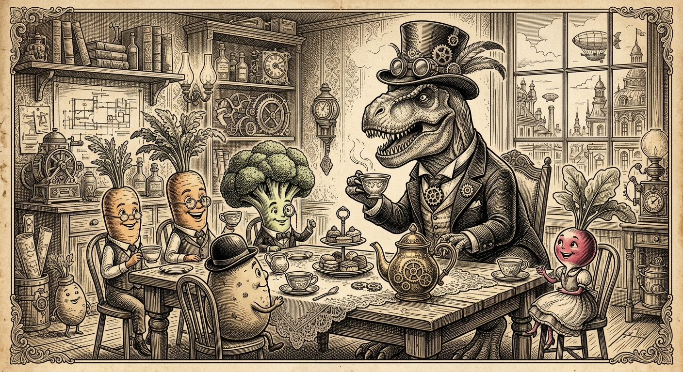 Dinosaur in top hat at tea party with vegetables